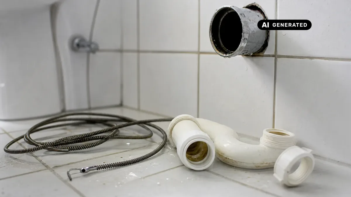 KI-generiertes Bild: Rohrreinigungsspirale wird vorsichtig in ein Wandabflussrohr eingeführt, daneben liegt der abgenommene Siphon auf dem Boden