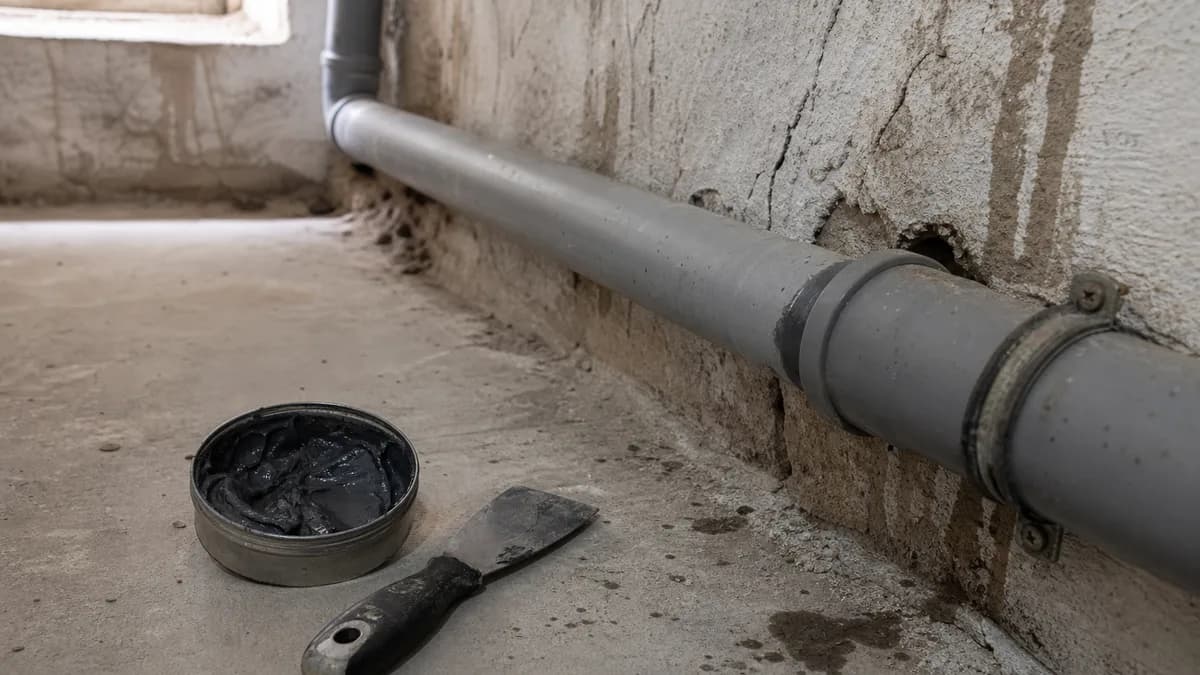 Handwerker bringt Epoxidharz-Reparaturmasse auf ein freiliegendes Abwasserrohr im Keller auf, Werkzeug liegt griffbereit daneben