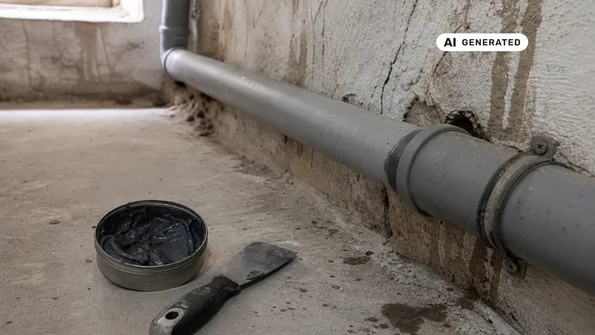 KI-generiertes Bild: Handwerker bringt Epoxidharz-Reparaturmasse auf ein freiliegendes Abwasserrohr im Keller auf, Werkzeug liegt griffbereit daneben
