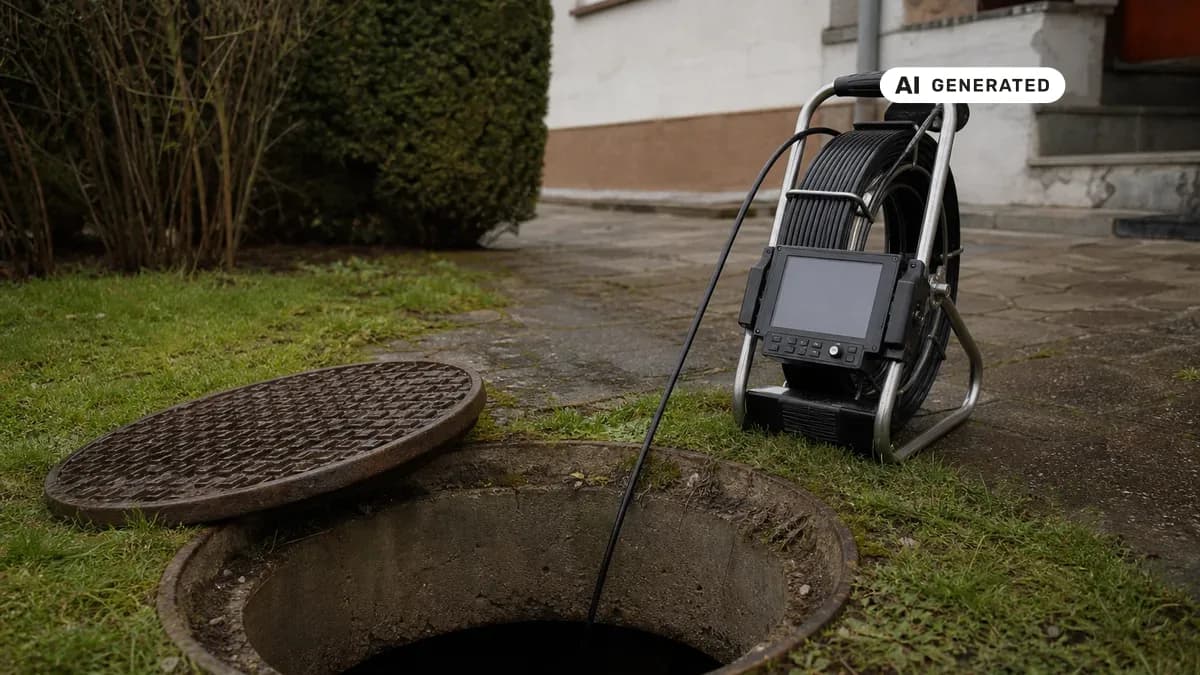 KI-generiertes Bild: Offener Revisionsschacht im Vorgarten eines älteren Einfamilienhauses, neben dem ein Gerät zur Kanalinspektion steht, dessen Kamerakabel in den Schacht hinabführt