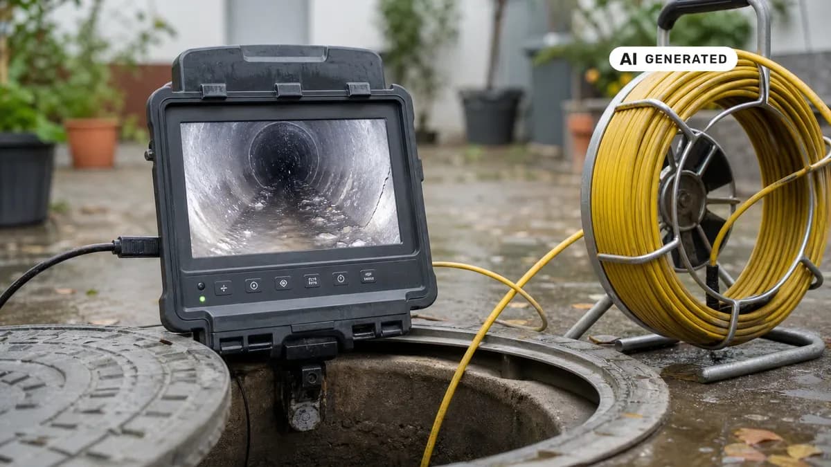 KI-generiertes Bild: Monitor einer Kanal-TV-Kamera zeigt das Innere einer Abwasserleitung, daneben die Kabeltrommel der Rohrkamera an einem Schacht