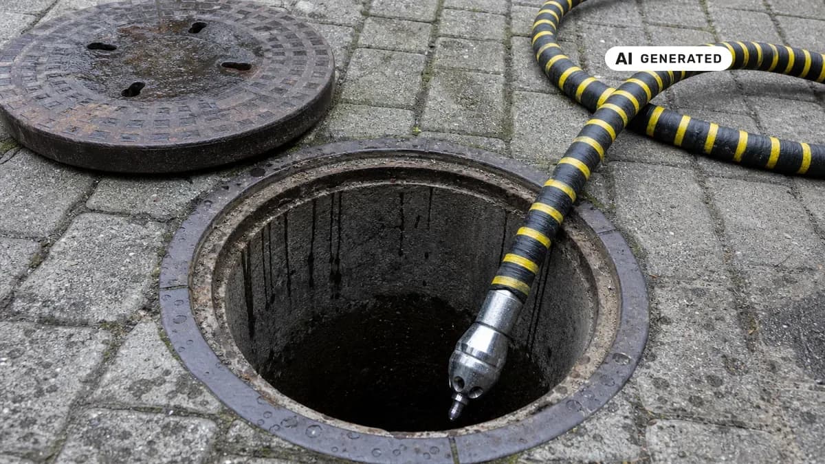 KI-generiertes Bild: Monteur schiebt einen Hochdruck-Spülschlauch in einen geöffneten Kanalschacht