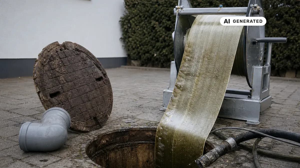 KI-generiertes Bild: Handwerker führt einen mit Harz getränkten Schlauchliner in einen geöffneten Revisionsschacht vor einem Einfamilienhaus ein