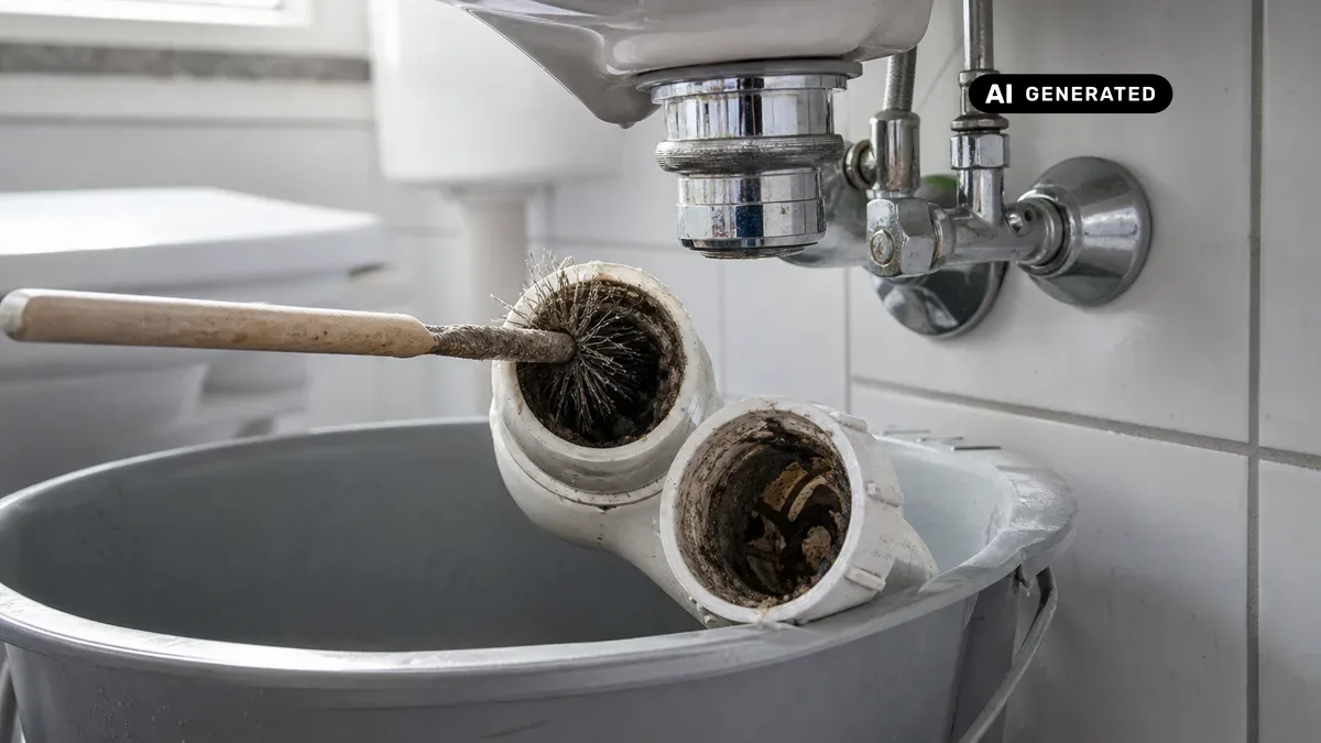 KI-generiertes Bild: Geöffneter Kunststoff-Siphon unter einem Waschbecken wird über einem Eimer mit einer Bürste gesäubert